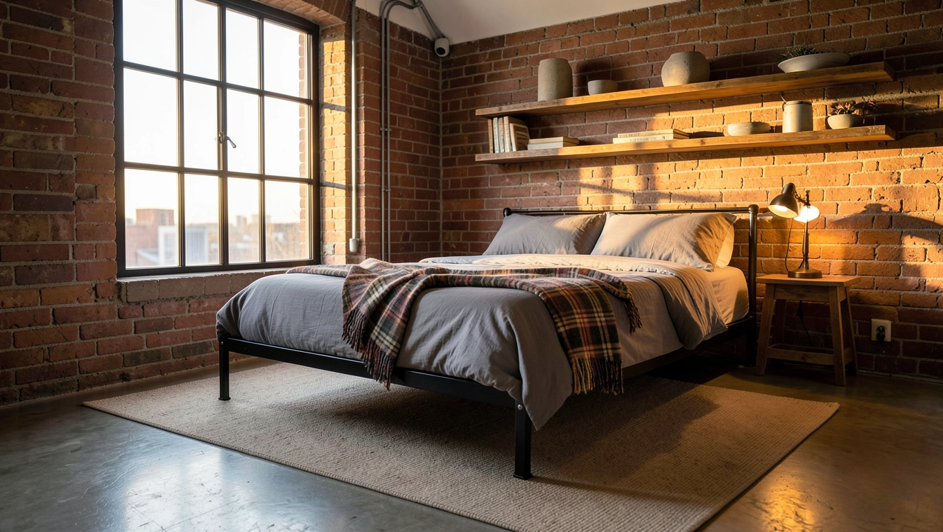 mała sypialnia w stylu loftowym