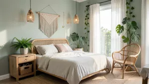 sypialnia w stylu boho zielona