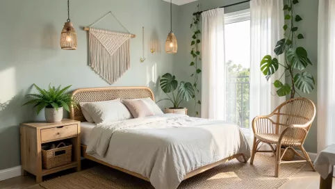 sypialnia w stylu boho zielona