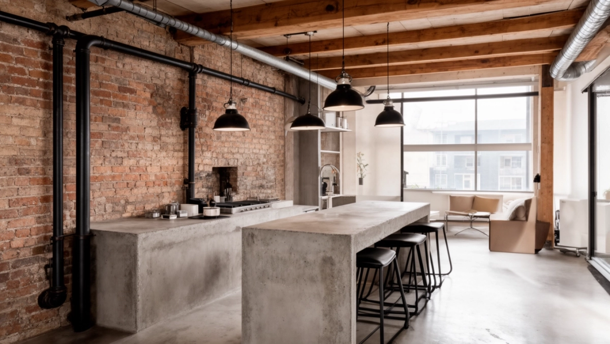styl loftowy kuchnia z salonem w mieszkaniach blokowych